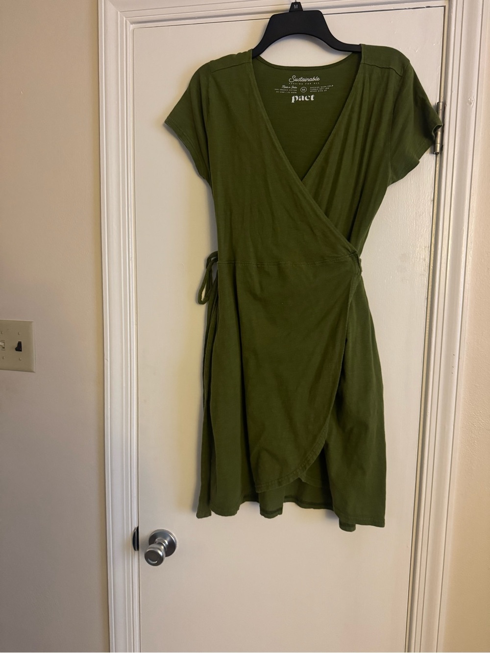 Pact Olive Wrap-Style Short Sleeve Dress